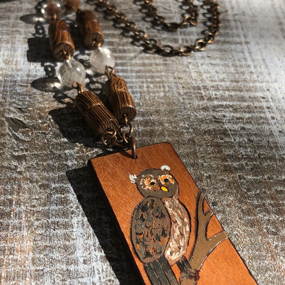 Wood and Quartz Owl Necklace